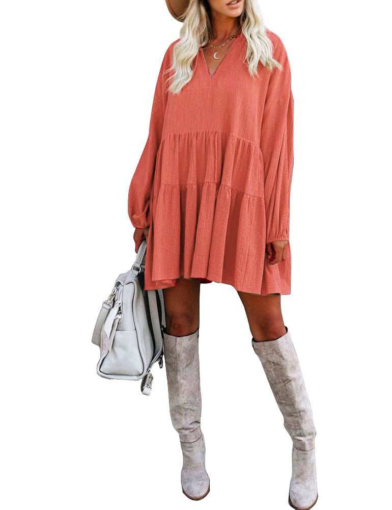 FANCYINN Summer Shift Tunic Dress for Women Lantern Long Sleeve Causal Vneck Babydoll Ruffle Mini Dress Tangerine M - Image 3